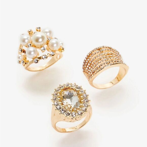 Gold Mix Pave & Pearls Ring Set Size 9 - Picture 4 of 12